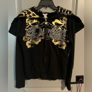 Dereon by Beyoncé Black and Gold Rhinestone Graphic Front Zip Hoodie Size M